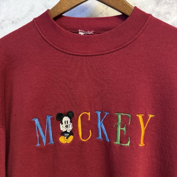 Vintage 90s Mickey Mouse Sweatshirt Mens Large Red Embroidered Crew Neck Disney - Picture 1 of 16